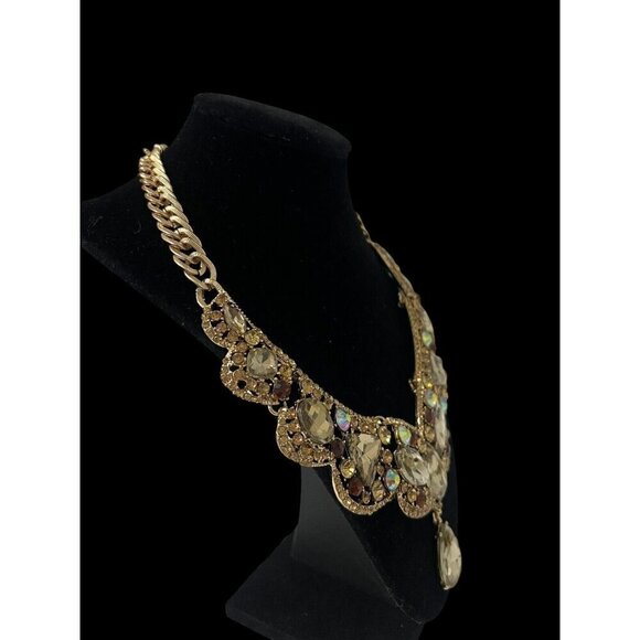 Gold Tone Statement Bib Pendant Necklace Brown Rhinestones Adjustable Chain Link - Picture 4 of 7